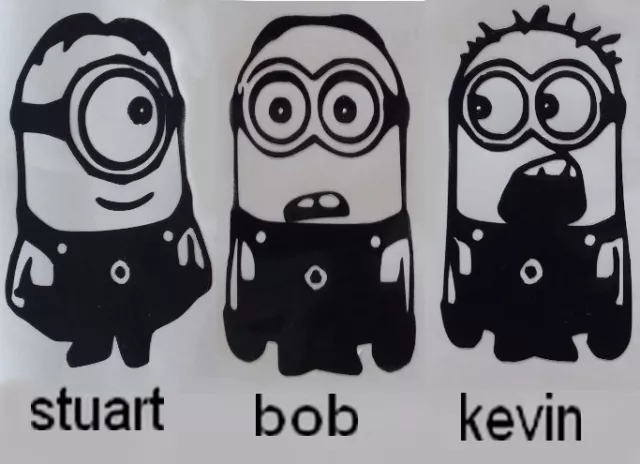 Sticker lot des 3 minions stuart, bob, kevin , pour déco chambre, porte etc.....