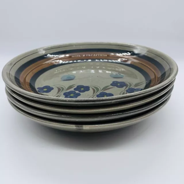 Set Of 4 Mexican Tonal Folk Art Pottery Snail Flowers Flat Rimmed Bowls 8.5”W
