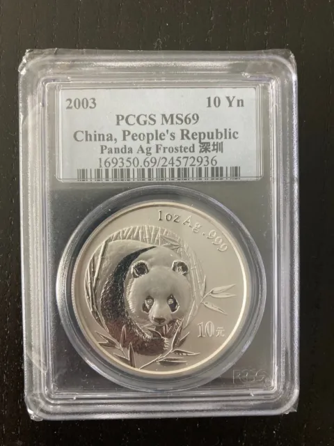 2003 Silver China Panda Coin Frosted 10 Yuan PCGS MS 69 1OZ AG .999