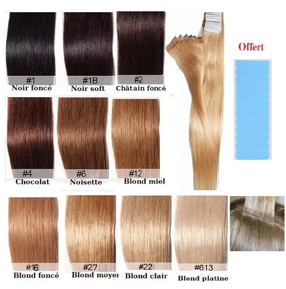 TAPE EXTENSIONS CHEVEUX POSE BANDES 100% NATURELS REMY HAIR 49-60CM AAA 24/48h