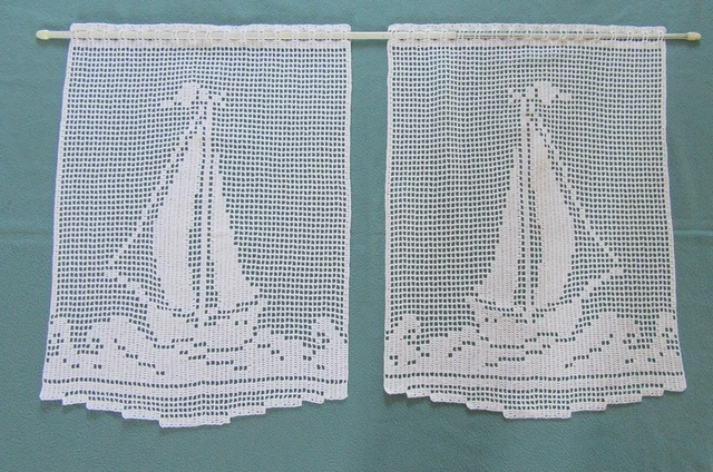 Paire De Rideaux Brise-vue Faits Main Au Crochet – Coton Blanc – Motif Géométrique – Longueur 105cm