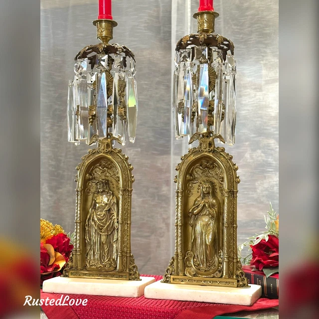 Antique Victorian Girandole Candlesticks Marble, Brass, Crystal Prisms Single 2*