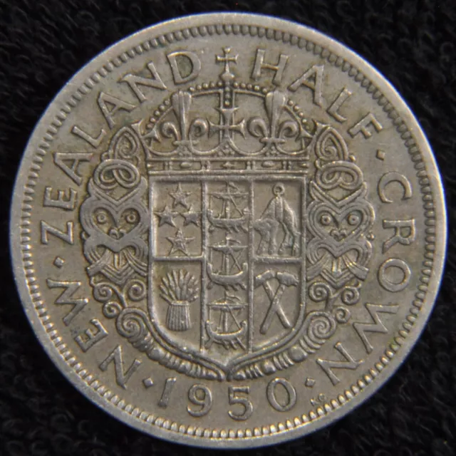 NZ Decimal coin - 1950 Half Crown. 'KG close to rim' variety.