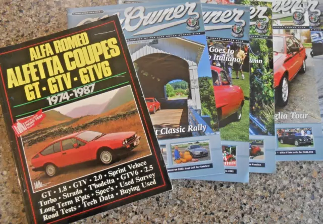 "ALFA ROMEO ALFETTA COUPES GT-GTV-GTV6" book +5 issues of "Alfa Owners" magazine