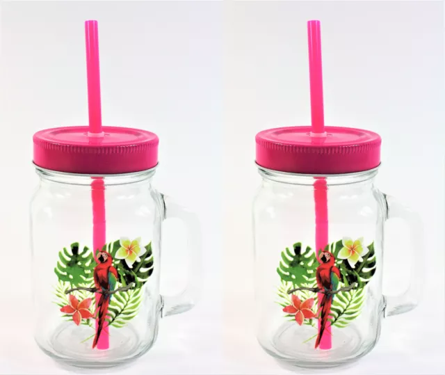 2x Trink Becher Flasche Glas Deckel Halm Vogel Tier Kinder Papagei Set Motive