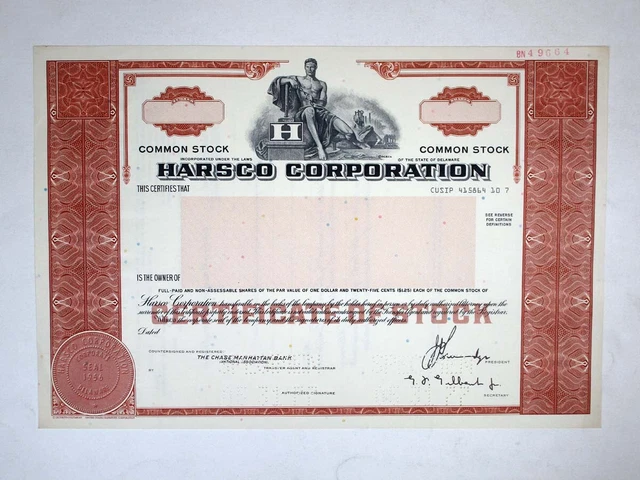 Harsco Co., 1977. Specimen Stock Cert., XF-AU condition. S-C USBNC