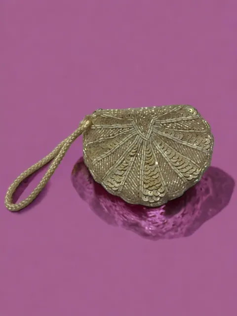 Vintage Beaded And Lined Change Purse Ivory And Iridescent Sequins And Beads