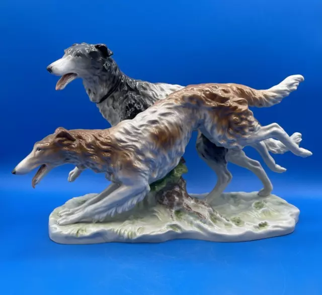 Scheibe Alsbach Porcelain Figurine Of 2 Running Borzoi Dogs, 14 1/2" Long