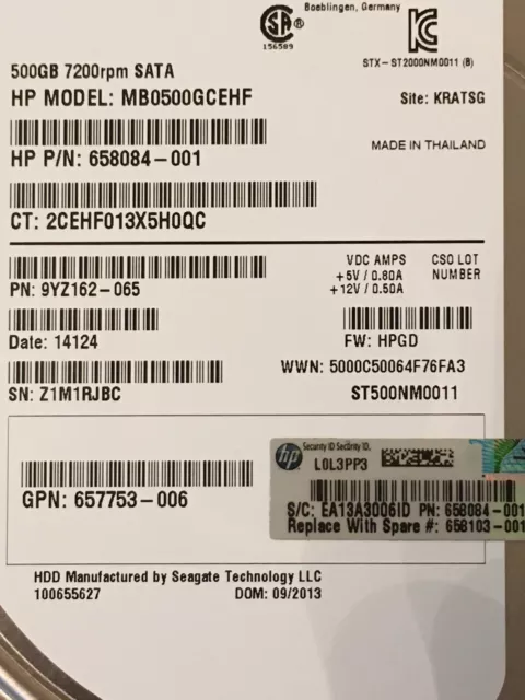 MB0500GCEHF 658084-001 HP 500Gb 7.2K Hard Disk 3