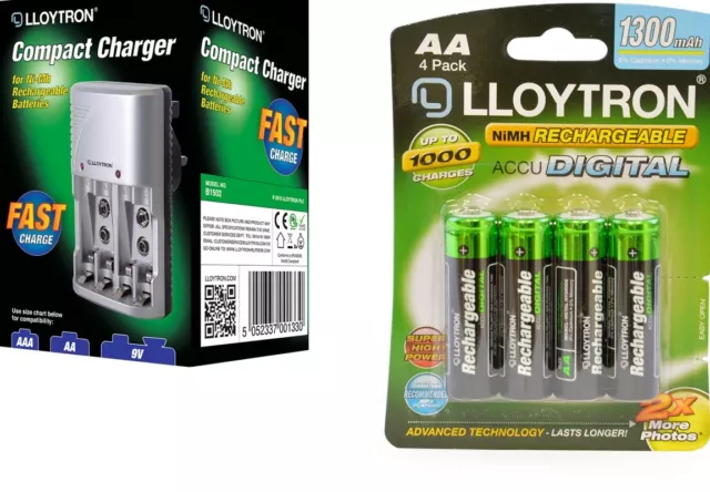 Lloytron Mains Battery Charger + 4 x LLoytron AA 1300 mAh Rechargeable Batteries