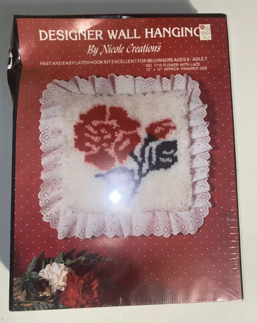 Vintage 1985 Nicole Creations Latch Hook Kit Wall Hanging #1710 12”x12” New Rose