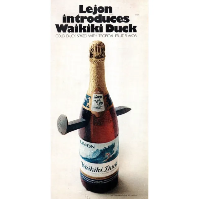1970 Lejon Waikiki Duck Beer Vintage Print Ad Railroad Spike Surfer Wall Art