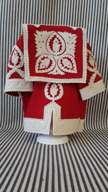 Vtg Hungarian Felted Wool Applique Red & Ivory Szur Coat Jacket 25" Lenci Doll ?