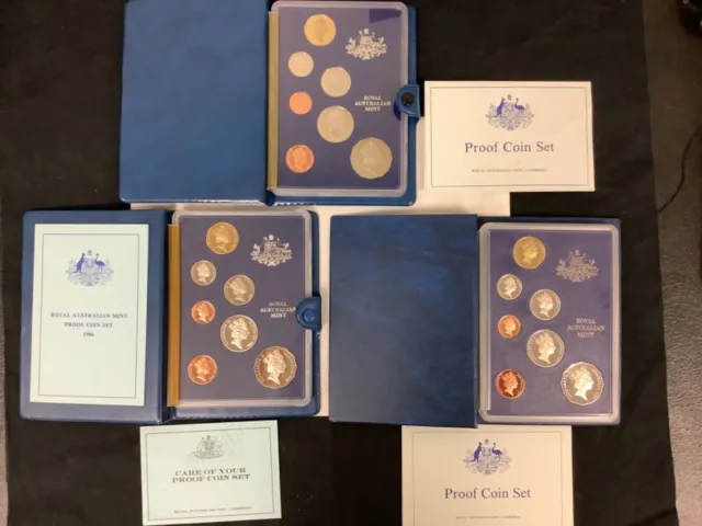 (3) 1985,1986,1987 Royal Australian Mint Proof Coin Set of 7 coins in each set!!