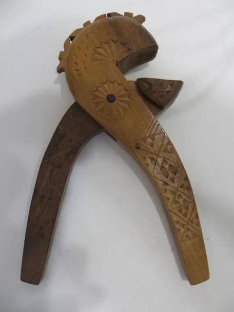Vintage FOLK ART FLORAL FIGURAL HAND CARVED WOOD NUT CRACKER nice!