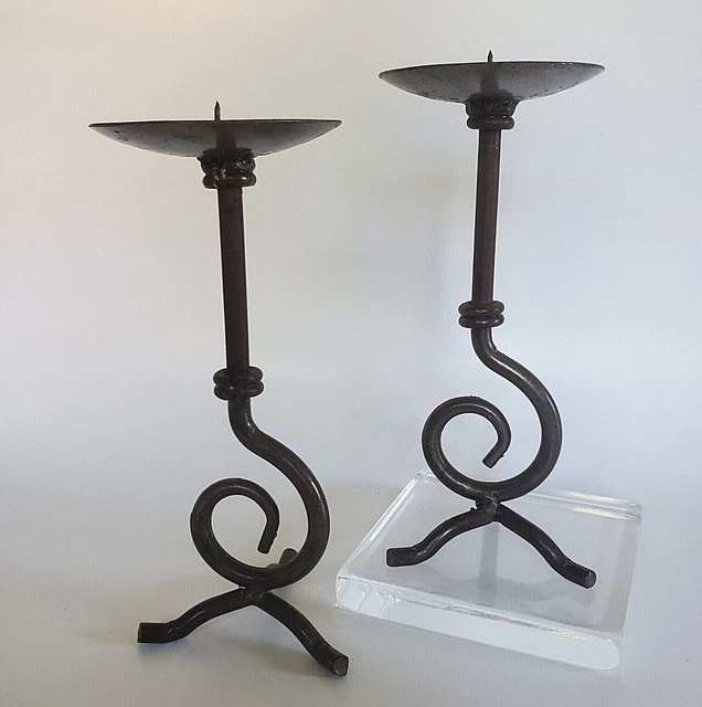 Brutalist Wrought Iron Candlestick Pillar Candle Holders Vtg Twisted Metal Pair