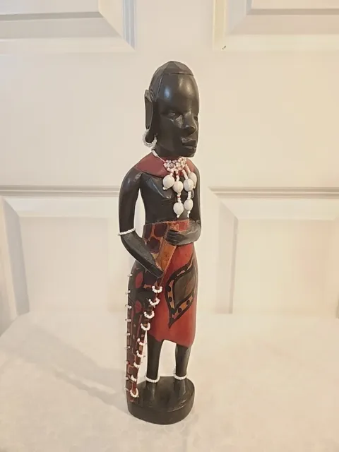 Female Maasai Warrior Wood Carved Painted Beaded Tribal Art Statue 12.5" Tall