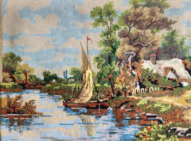 Tapestry canvas. A View of Dedham. Partially worked. complete with wools.