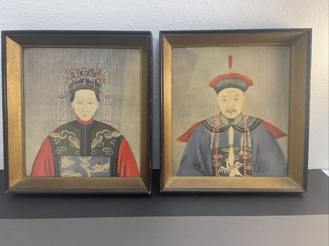 Pair Of Early 20th Century Chinese Ancestral Portraits on Silk  Sweet Frames