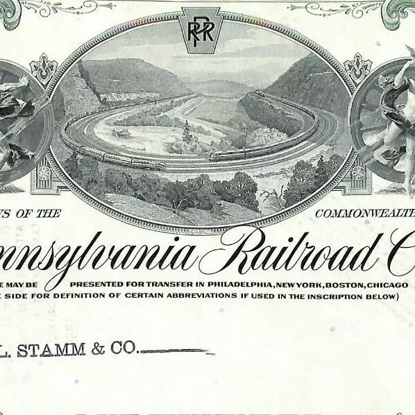 VINTAGE STOCK CERTIFICATE 1965 Pennsylvania Railroad to: A. L. Stamm ...