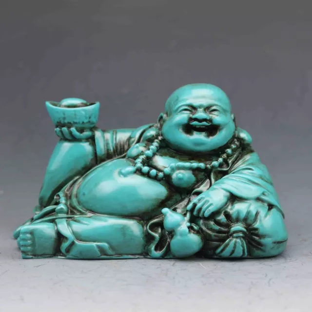 China antiques Hand-carved Turquoise Seated Maitreya Buddha ingot gourd Statue