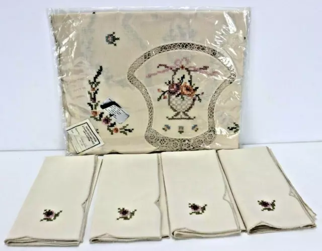 Vintage Victorian Hand Cross Stitched & Crochet Lace Runner 16 x 36 & 4 Napkins