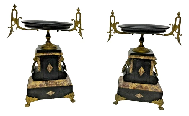 Pair of Antique Gilt Bronze & Marble Mantel Tazzas Garniture Lion Heads & Paws