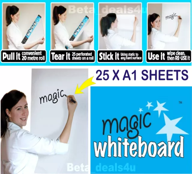MAGIC WHITEBOARD 25 X A1 Sheets Erasable Plain White Roll Self
