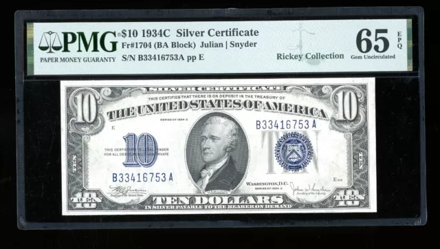 DBR 1934-C $10 Silver Gem Fr. 1704 PMG 65 EPQ Serial B33416753A