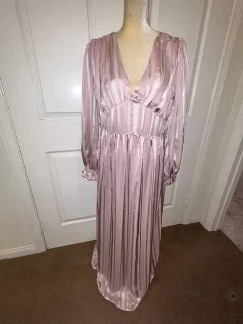 Forever 21 Maxi Dress XL Rose Pink Long Sleeve V Neck Flowy Metallic Stripe 2