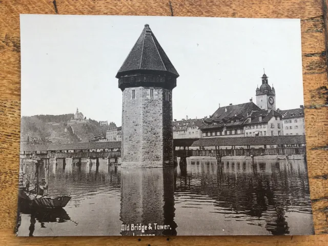 1890s albumen print photo " old bridge and tower  lucerne "