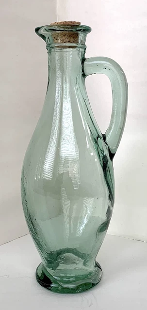 Antique Green Glass Footed Pitcher / Bottle: Thick Heavy Mold Blown 10.6” Tall
