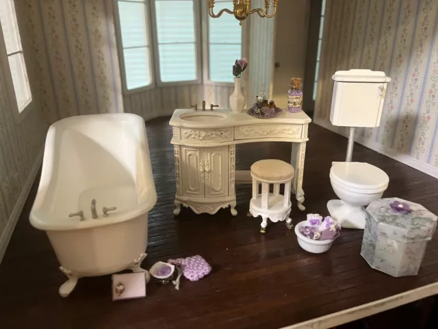 Dollhouse miniature- Victorian bathroom white 4 pc set Toilet Tub Vanity Stool