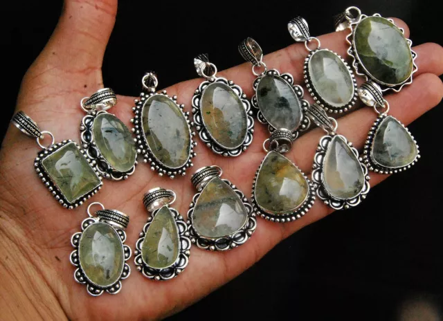 Natural Prehnite Gemstone .925 Silver Plated Necklace Pendants Jewelry Bulk Lot