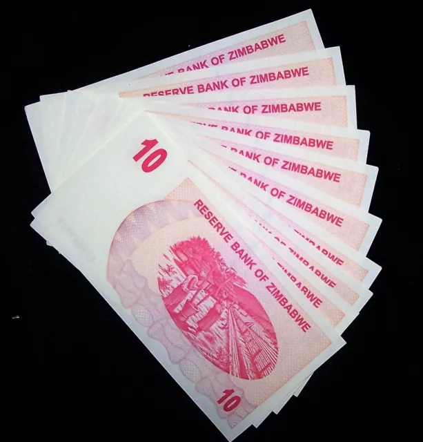 10 x Zimbabwe 10 dollar bearer cheque banknotes-AU-unc consecutive currency 2