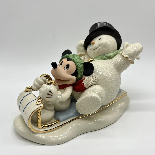Lenox Disney A Snowy Day W Mickey Mouse & Snowman Racing On A Toboggan Christmas