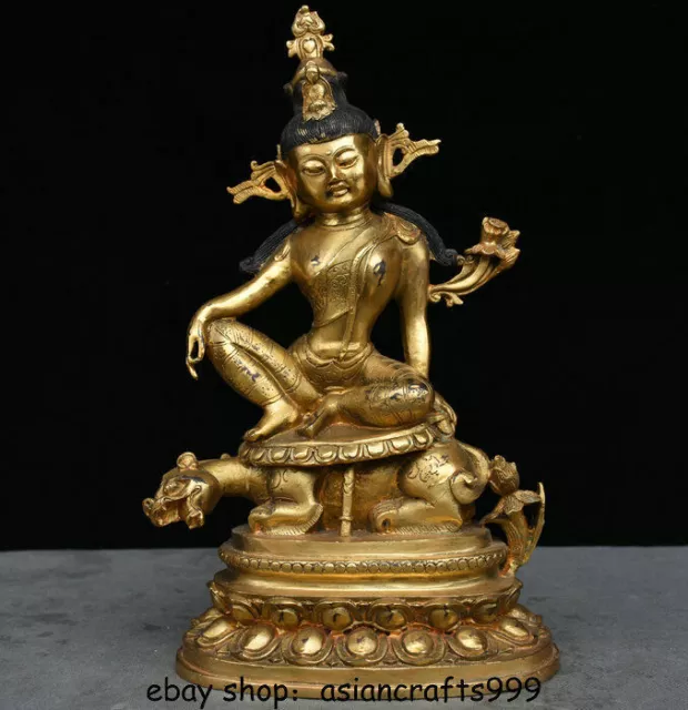 12 "alte chinesische Bronze vergoldete grüne Tara Kwan-Yin Beast Buddha Statue