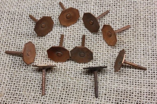 15 old COPPER TACKS 5/8” 8 sided octagon nails vintage tarnished leather rivets