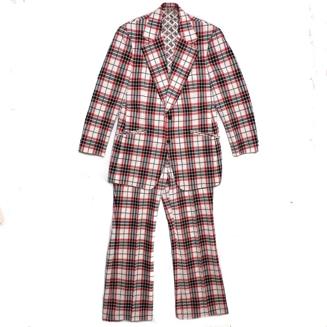 Vintage 1970s 2 Piece Red and White Plaid Disco Leisure Suit Custom Made 1975