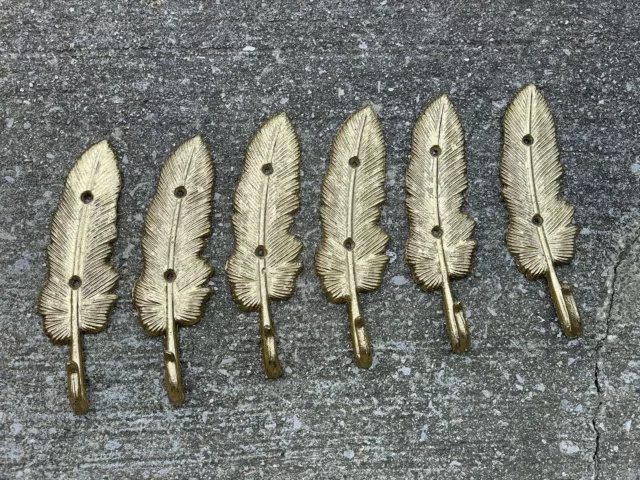 Vintage Lot 6 Golden Leaf Coat Hooks 8” Metal Heavy Quality Hook