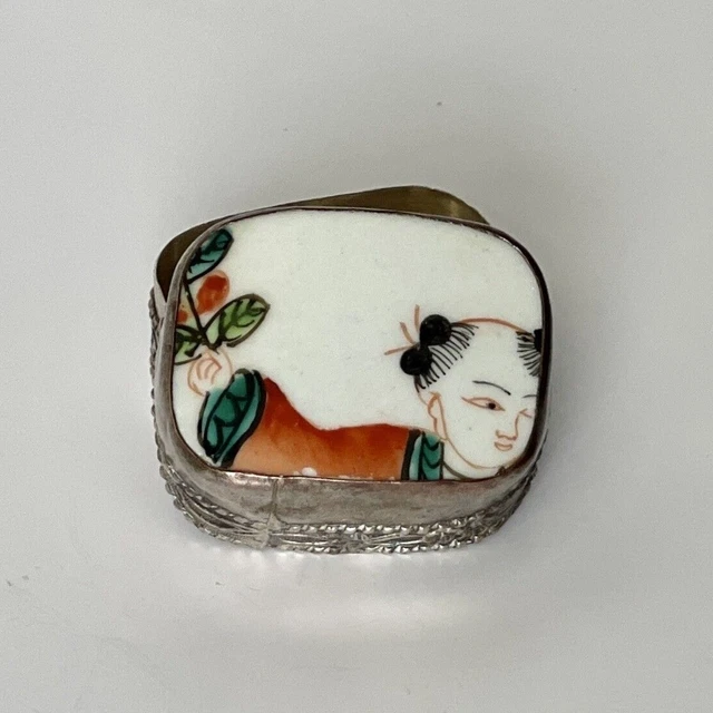 Chinese Shard Porcelain Trinket Ring Box Metal with Lid  Vintage Silver Figure 