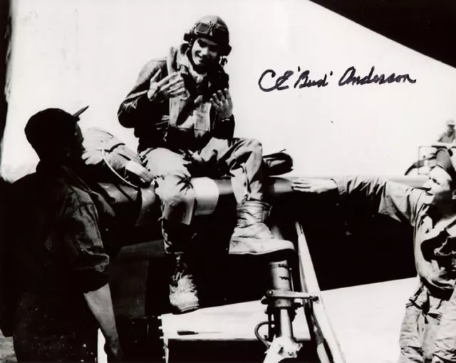 CLARENCE BUD ANDERSON SIGNED 8x10 PHOTO P-51 WORLD WAR II TRIPLE ACE BECKETT BAS