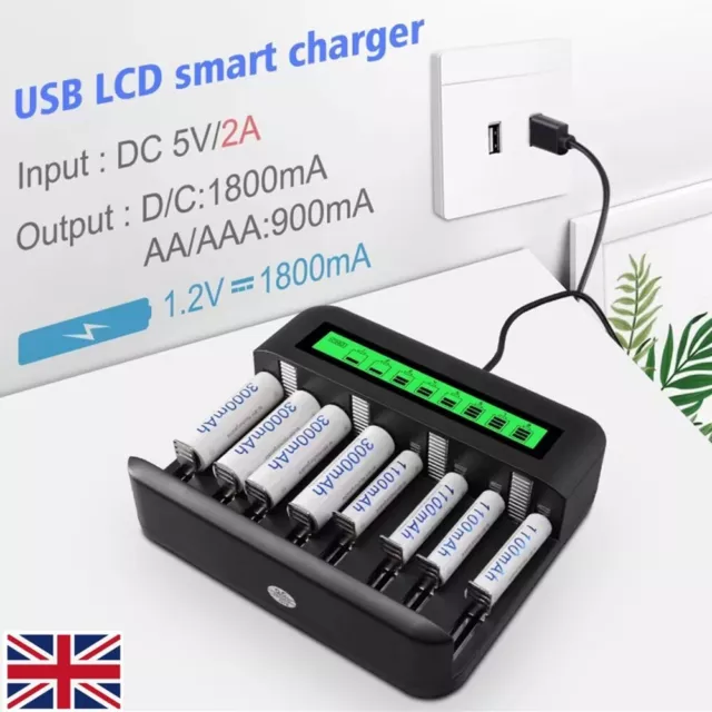 8-Slots USB Fast Smart Battery Charger LCD Display for AA/AAA/C/D Rechargeable