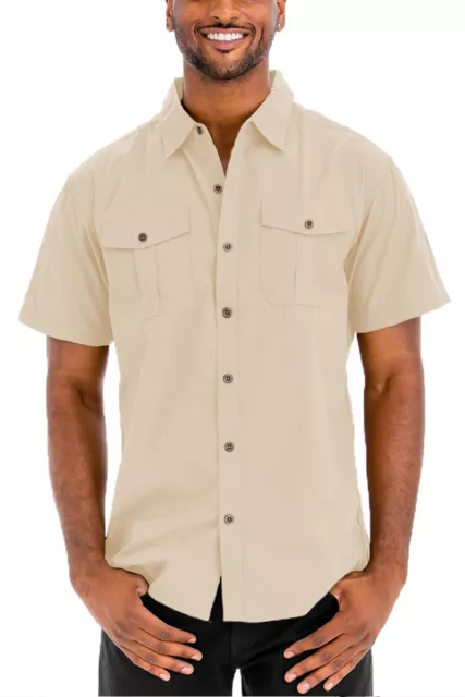 Mens Cotton Blend Short Sleeve Two Chest Pocket Button Down Shirt