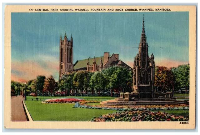 1948 Cental Park Waddell Fountain Knox Church Winnipeg Manitoba Canada Postcard
