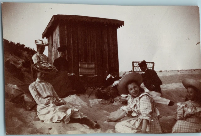 France, Brittany, Beg Meil, Family on the Beach, Vintage Citrate Print, 1904 Ti