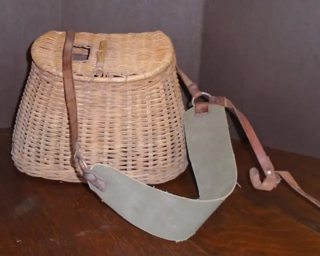 EARLY WICKER LEATHER Fly Fishing Trout Fish Creel Basket Man Woman