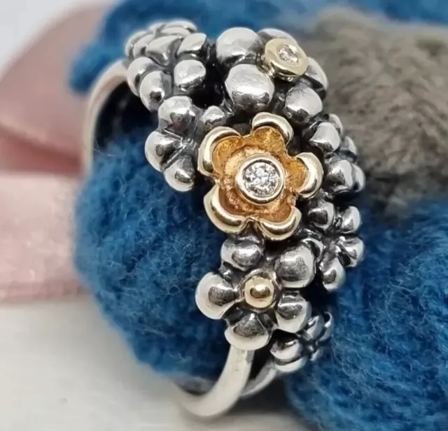 Genuine Pandora Silver & 14k 14ct Gold Diamond Flower Bouquet Ring 💕 Size N 54