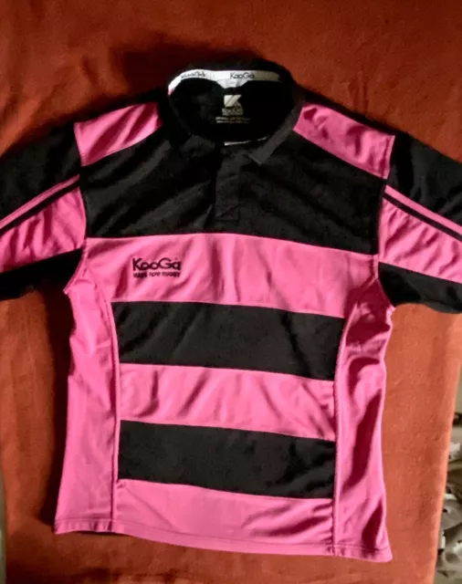 Kooga Men's Pink and Black Striped Thick Rugby Collared Short Sleeve T-Shirt XL