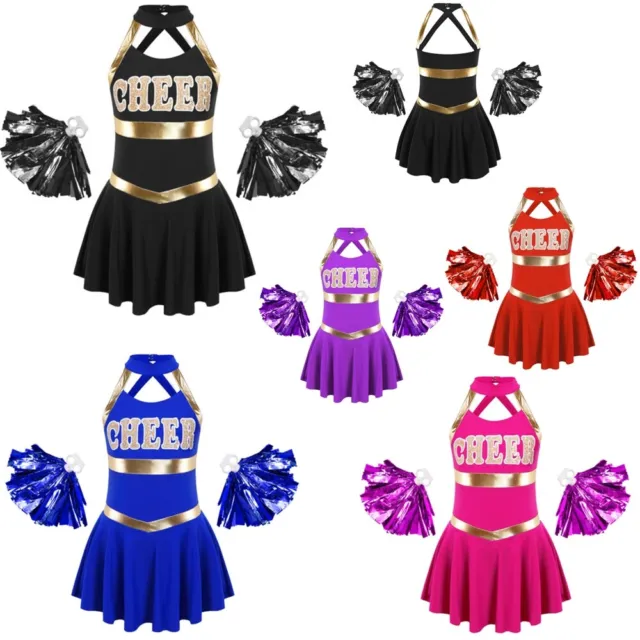 DE Mädchen Cheer Leader Cheerleading Party Kleid mit Pompoms Karneval Kostüm Set